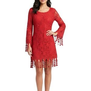 MECHANT Red Lace Bodycon Dress sz S Bell Sleeve Fringe Accent Cocktail Party NWT